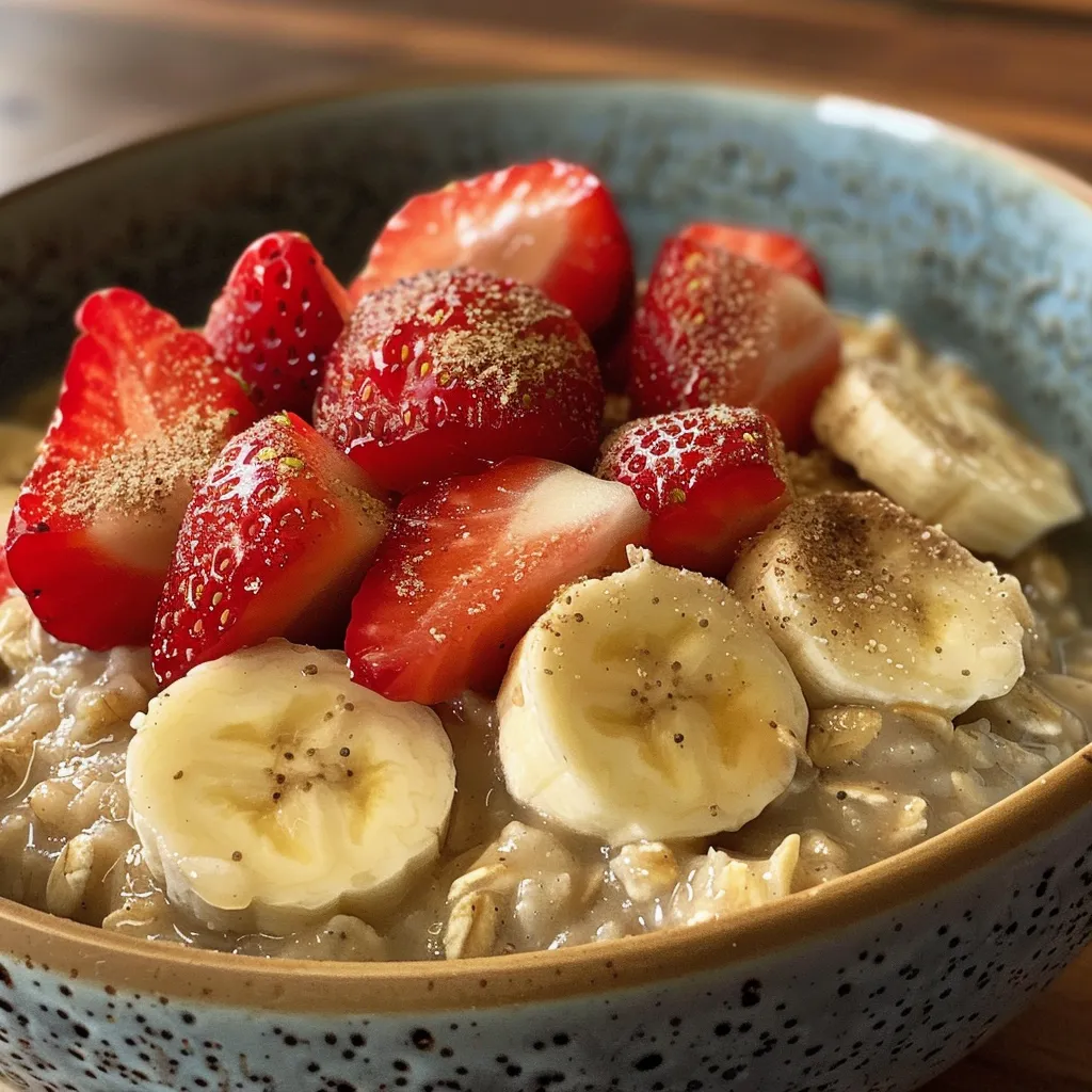 A bowl of oatmeal featuring vibrant strawberries and banana, captured with a smartphone.