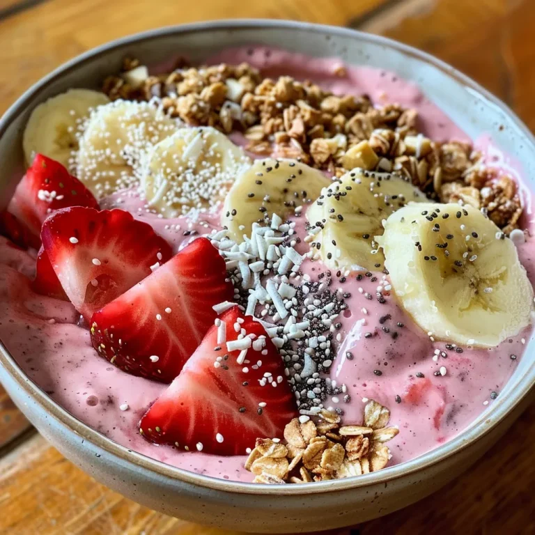 A side perspective of a smoothie bowl filled with pink strawberry-banana blend and garnished with hemp seeds.