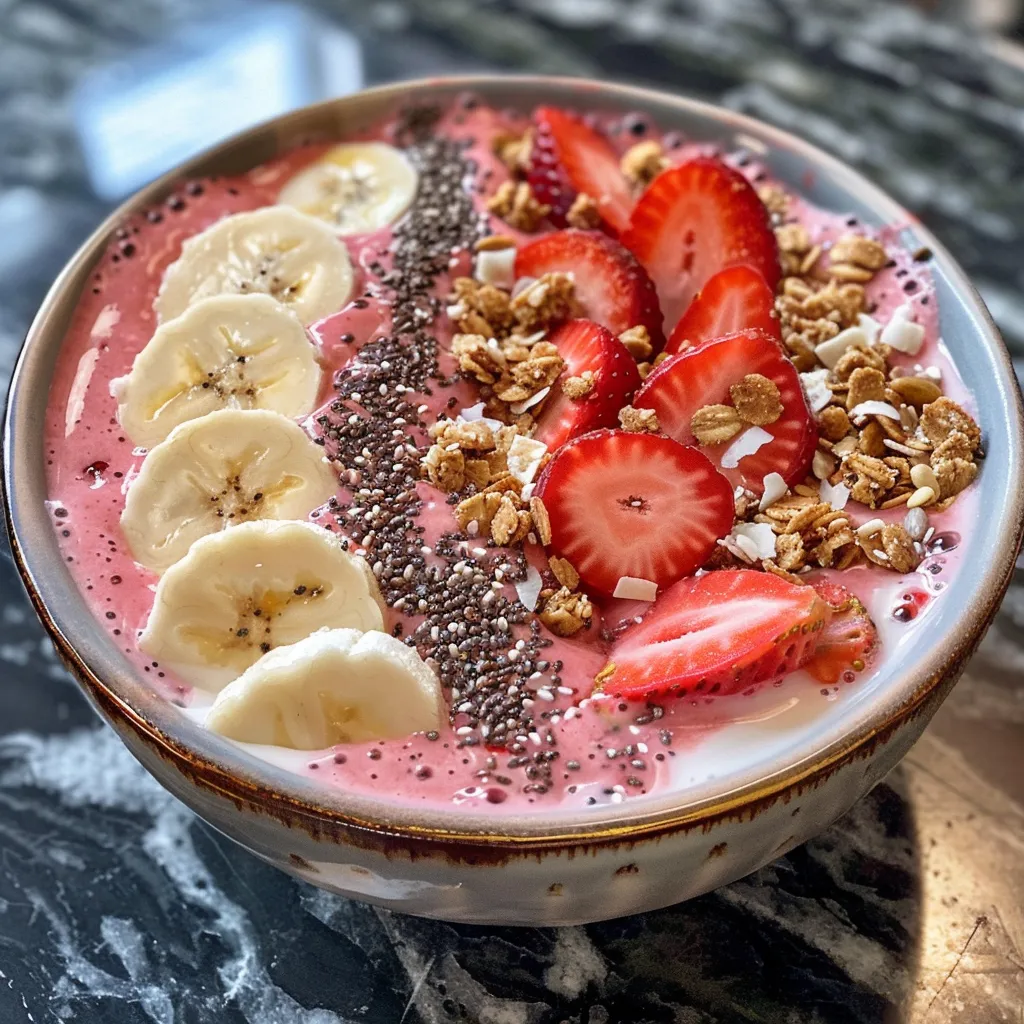 Smoothie bowl made with strawberries and banana, decorated with sliced fresh strawberries and coconut flakes.