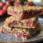 Delicious, juicy Strawberry Oat Bars arranged on a white plate, showing their layers.
