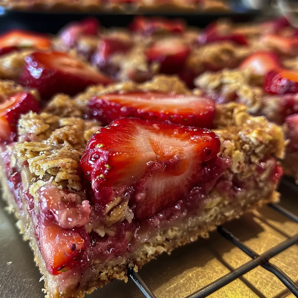 View of a single Strawberry Oat Bar drizzled with a light glaze, highlighting its ingredients.