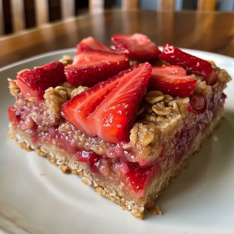 Detailed shot of a strawberry oatmeal bar with visible strawberries and a golden-brown crust.