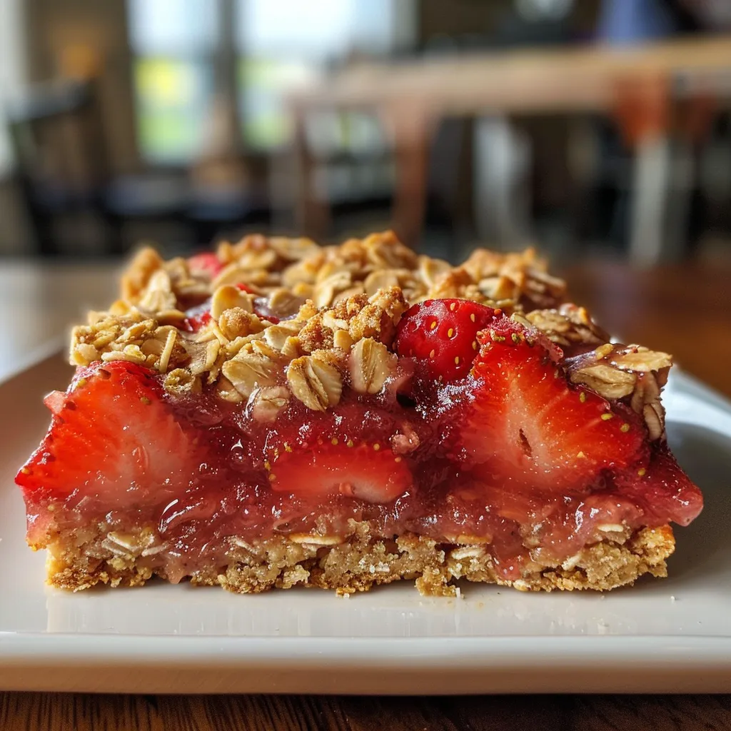 Close-up image of a delicious strawberry oatmeal bar, featuring its thick strawberry filling and oat topping.