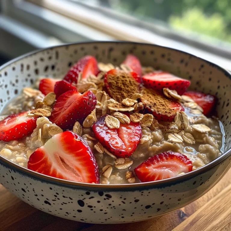 Delicious strawberry oatmeal in a white bowl, showcasing diced strawberries and a drizzle of maple syrup.