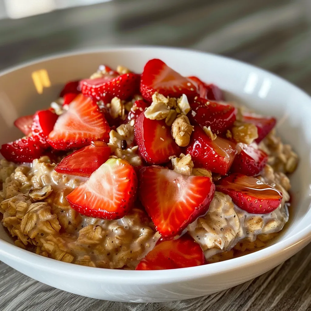 Textured close-up of oatmeal with vibrant, finely diced strawberries and a hint of nuts.