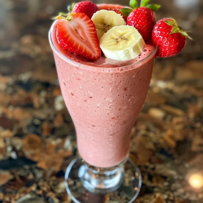 A creamy strawberry smoothie with a garnish of strawberries, captured in natural light.