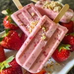 Fresh strawberry yogurt pops displayed against a simple background.