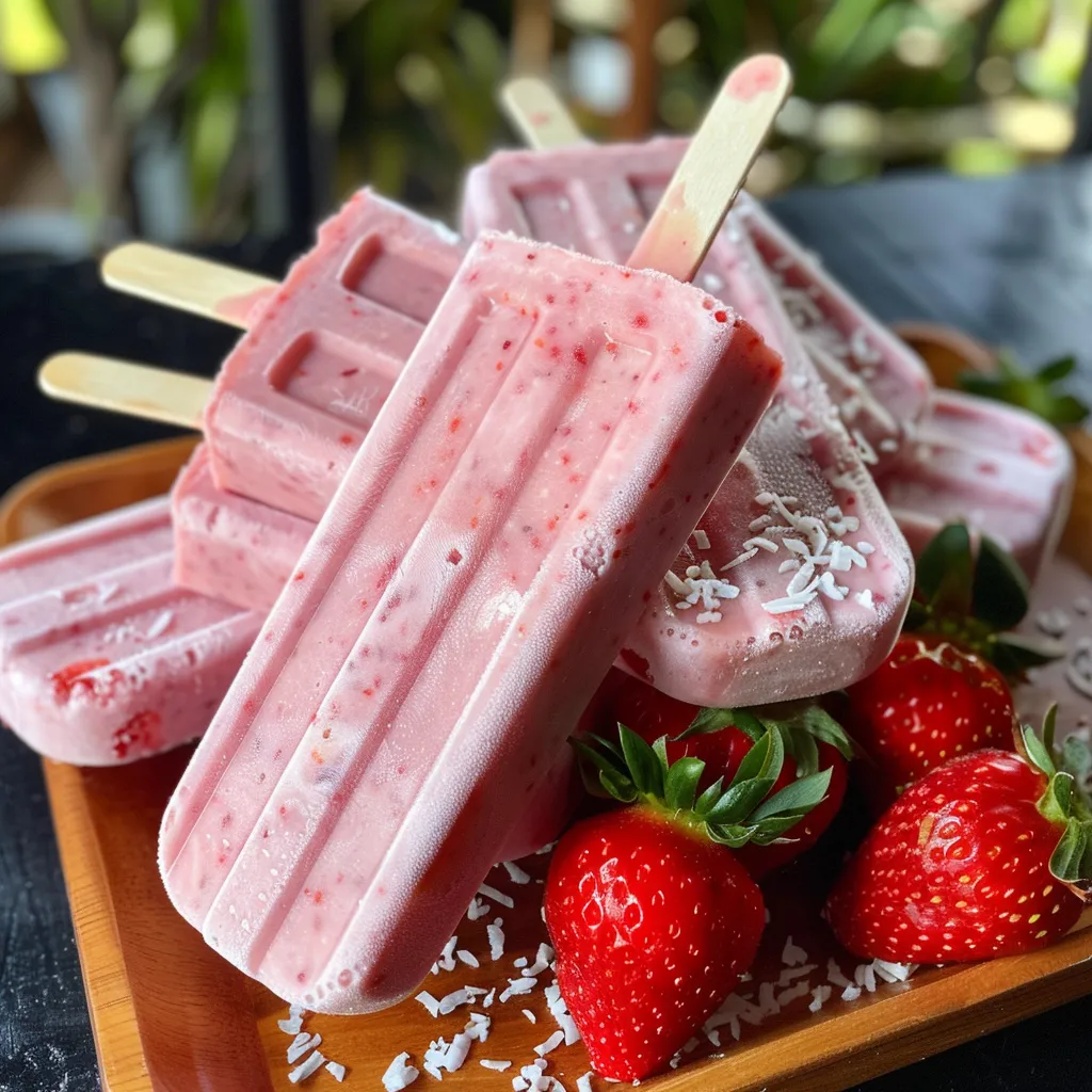 A side view of strawberry yogurt pops topped with coconut flakes.