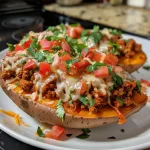 Detailed image of a sweet potato stuffed with turkey taco mix, highlighting the textures and colors.