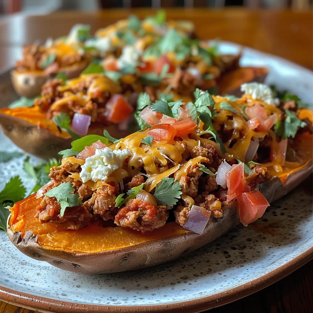 Close view of a turkey taco stuffed sweet potato, showcasing the savory ingredients and melted cheese.