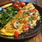 Brightly colored vegetable omelette with zucchini, mushrooms, and tomatoes on a wooden table.