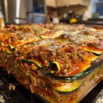 Detailed view of zucchini lasagna revealing its rich ingredients and textures.