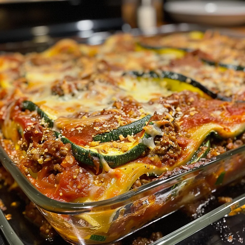 Close-up shot of a serving of zucchini lasagna with vibrant colors and ingredients.