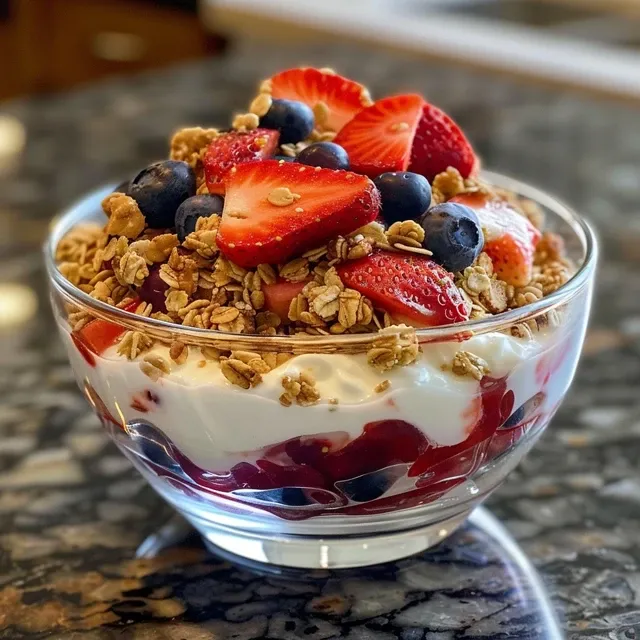 Close-up view of a fruit and yogurt parfait with layers of sliced strawberries, blueberries, and granola in a glass cup.
