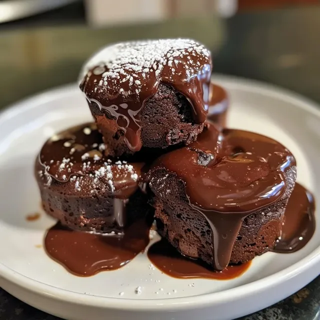 Close-up view of two Mini Chocolate Lava Cakes with gooey centers, presented on a plate.