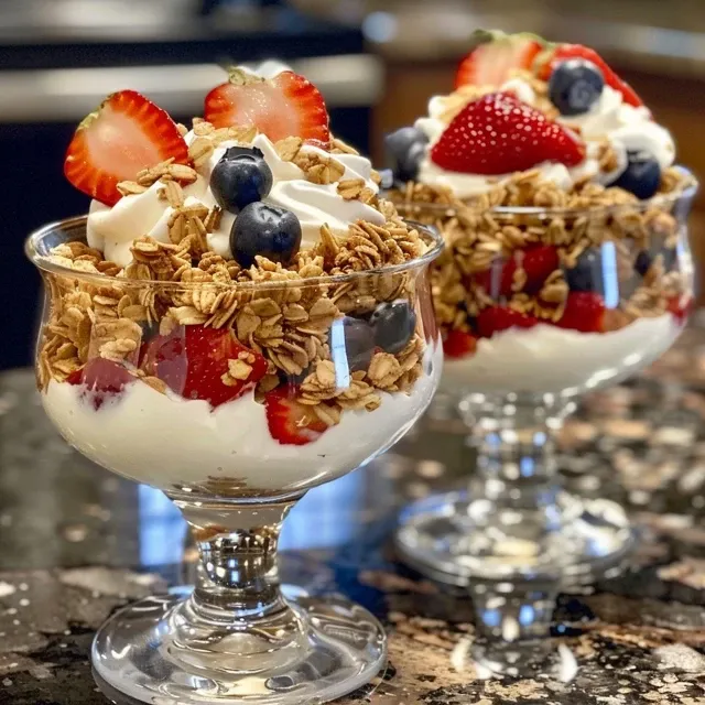 Detailed shot of a delicious yogurt parfait featuring fresh strawberries, blueberries, and granola on the side.