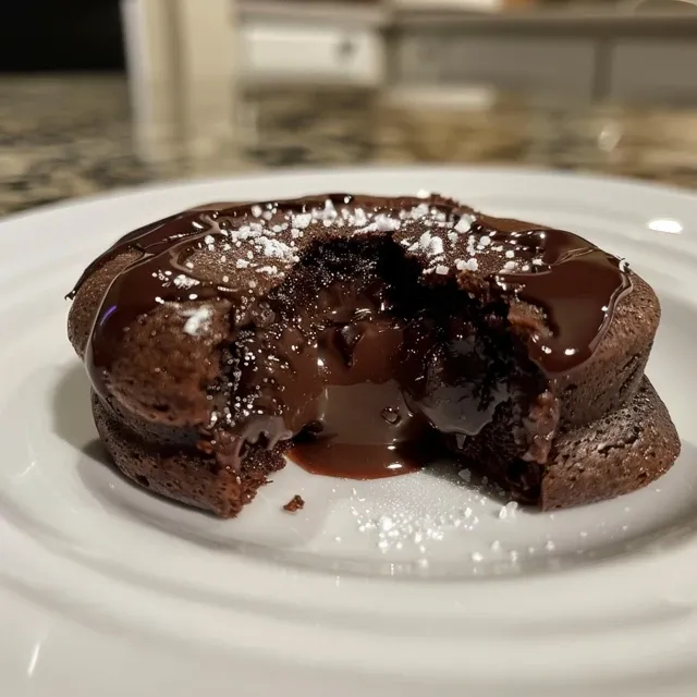 Side angle of Mini Chocolate Lava Cakes, showing the rich chocolate filling and dusted with powdered sugar.