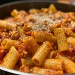 A mouthwatering plate of whole wheat penne topped with a vibrant cottage cheese pasta sauce.