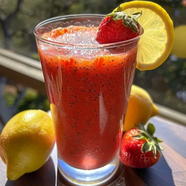 Refreshing Strawberry Chia Lemonade: Sip Your Way to Hydration Detailed shot of a chilled Strawberry Chia Lemonade, showcasing the texture of chia seeds and fruit.