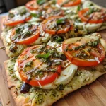 Juicy Caprese flatbread showcasing sliced mozzarella, halved cherry tomatoes, and julienned basil.