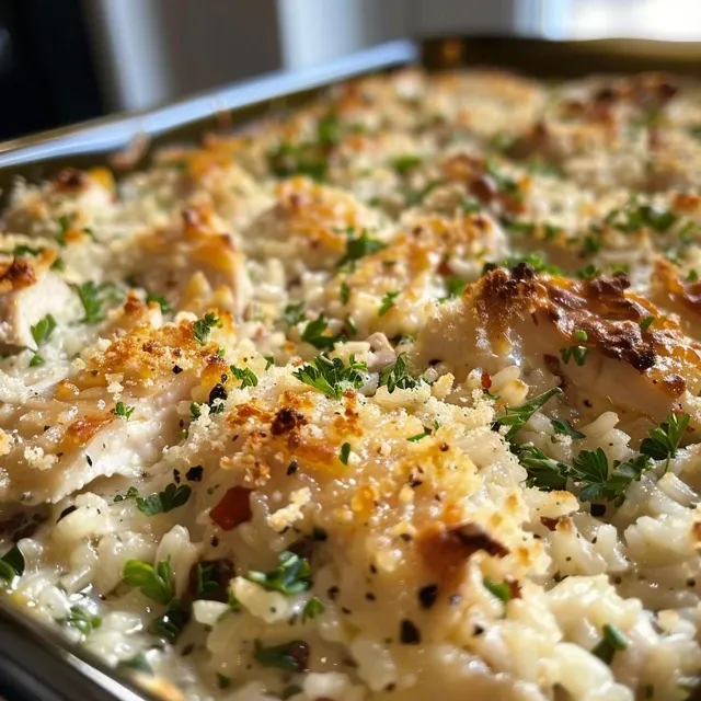 Effortless Garlic Parmesan Chicken Rice Casserole for Busy Weeknights Side view of a hearty Garlic Parmesan Chicken Rice Casserole with a rich, creamy sauce and sprinkled Parmesan cheese on top.