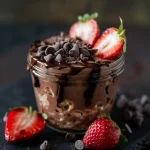 Textured layers of chocolate and strawberries in protein overnight oats in a clear bowl.