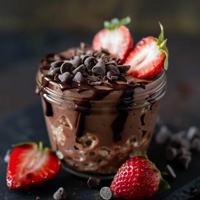 Indulge Guilt-Free: Chocolate Strawberry Protein Oats for a Healthy Start Textured layers of chocolate and strawberries in protein overnight oats in a clear bowl.