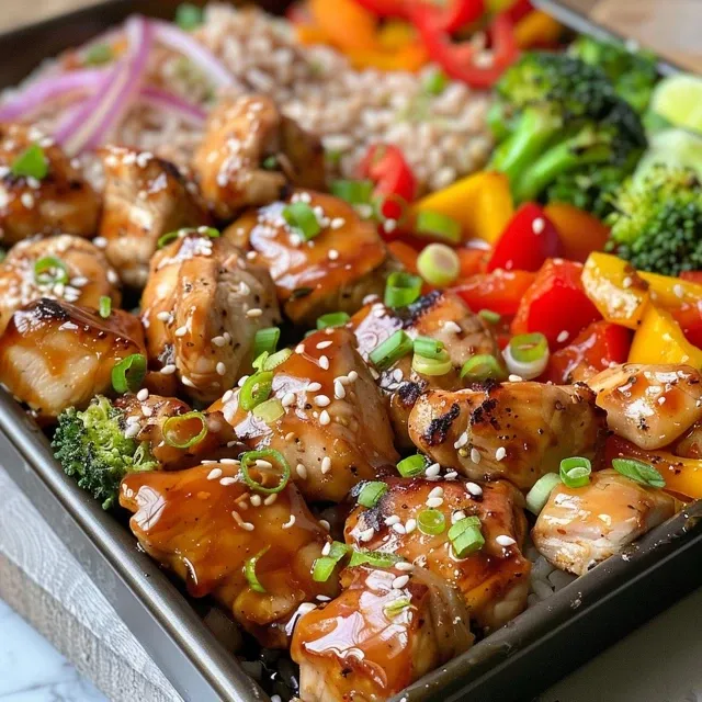 A vibrant arrangement of honey garlic chicken alongside sliced bell peppers and broccoli on a sheet pan.