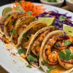 Side view of shrimp tacos filled with vibrant slaw and garnished with lime slices.