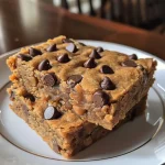 Detail of chickpea blondie bars topped with coarse sea salt, highlighting the rich chocolate chips.