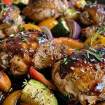 Side view of a baked chicken dish featuring vibrant bell peppers and zucchini.