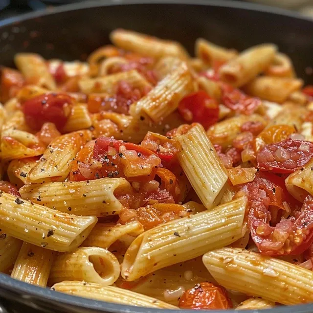 Juicy high-protein pasta sauce made with cottage cheese, garlic, and diced tomatoes, served on pasta.