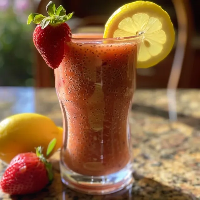 Refreshing Strawberry Chia Lemonade in a glass, highlighting the strawberries and chia seeds.
