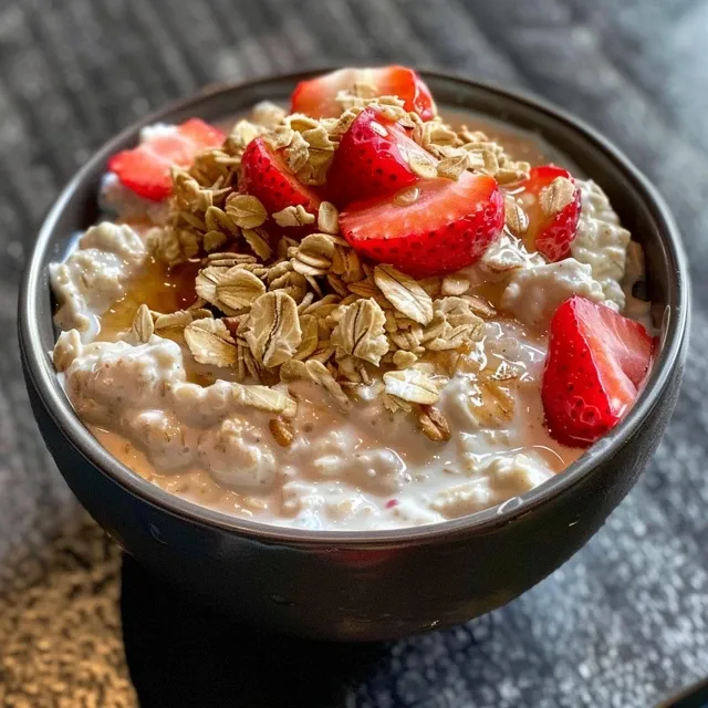 Strawberry protein oats presented in a bowl, showcasing layers of oats, chocolate chips, and diced strawberries.