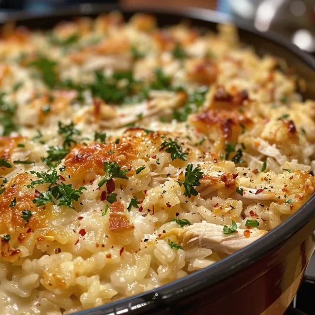 A tantalizing serving of Garlic Parmesan Chicken Rice Casserole displaying juicy chicken, rice, and melted cheese in a baking dish.