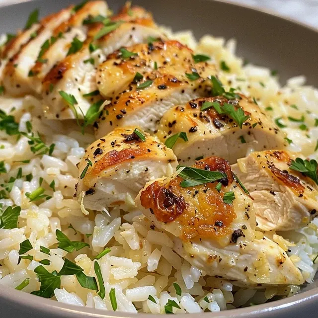 Vibrant bowl of Garlic Parmesan Chicken and Rice featuring diced chicken and herbs.