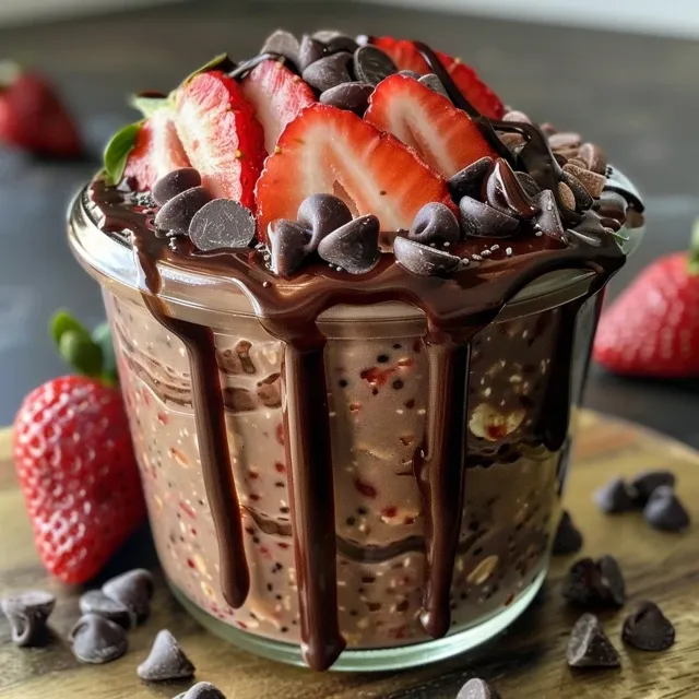 A close-up shot of creamy chocolate covered strawberry overnight oats with chia seeds and diced strawberries.