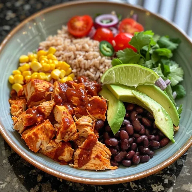 Juicy BBQ Chicken Power Bowl filled with chicken, beans, corn, and avocado.