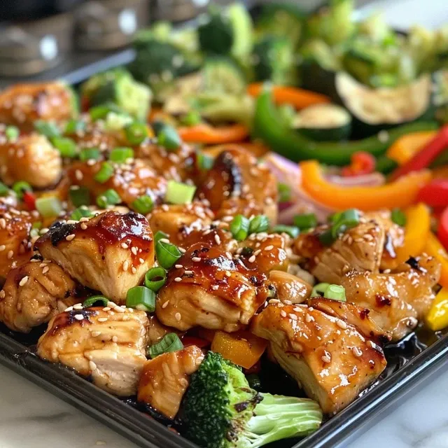Juicy chicken and assorted vegetables coated in honey garlic sauce, captured in detail from the side.