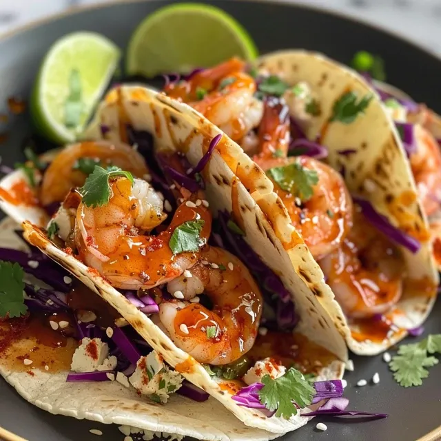 Delicious hot honey shrimp tacos on a rustic wooden table with slaw and toppings.