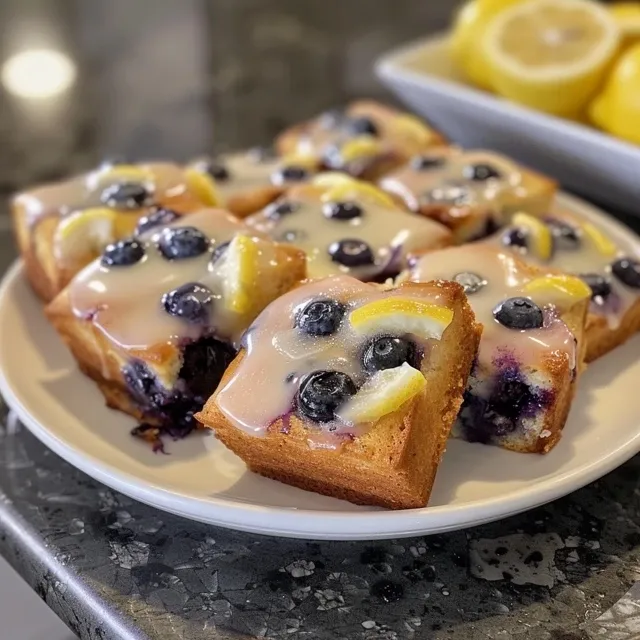 A stack of lemon blueberry mini loaves with blueberries scattered around for decoration.