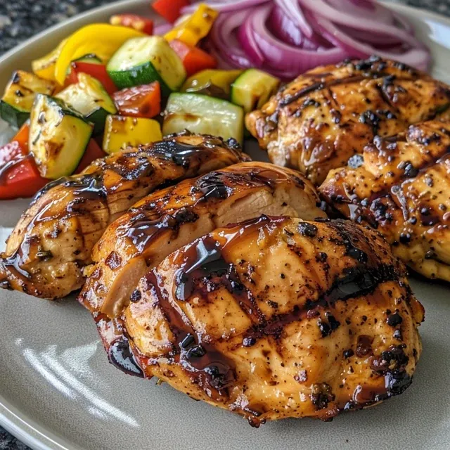 Delicious savory chicken and vegetables glistening with balsamic glaze on a baking sheet.