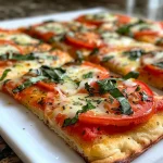Juicy Margherita flatbread pizza, showcasing a golden crust and fresh toppings.
