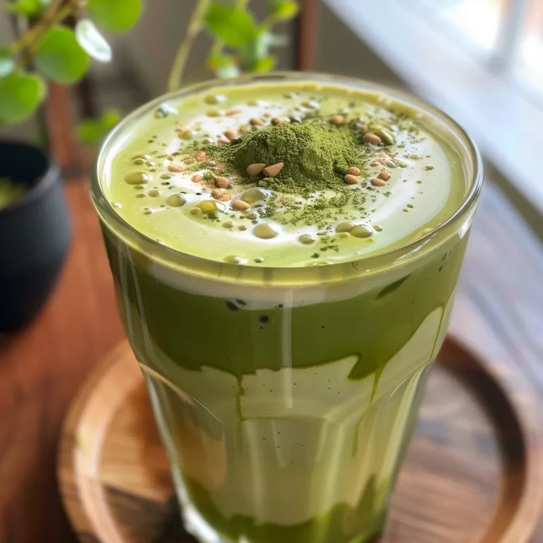 Refreshing avocado matcha milk tea in a clear glass, highlighting its layered colors.