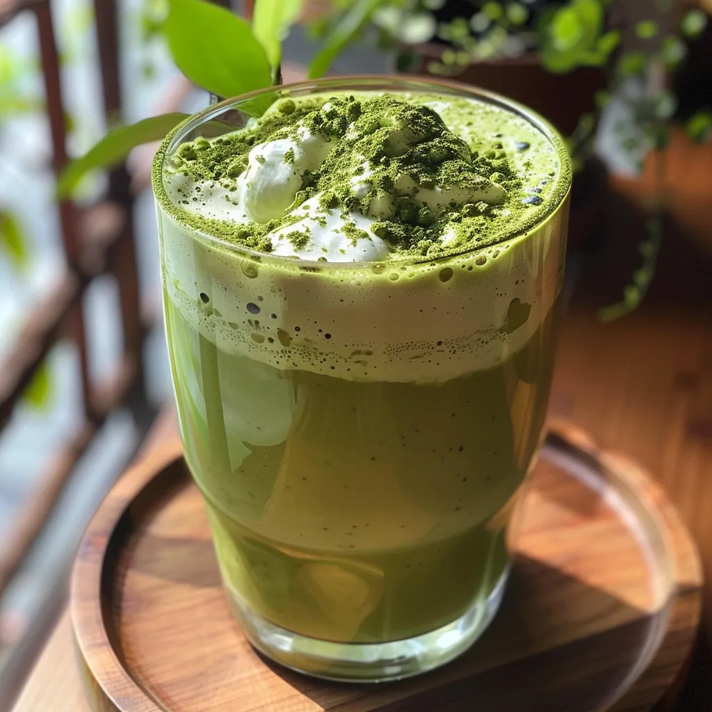 A delicious avocado matcha milk tea with a smooth surface, garnished with matcha powder.