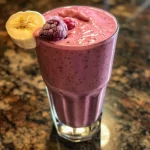 Close-up view of a vibrant banana berry whey protein smoothie in a glass with fresh fruit around it.