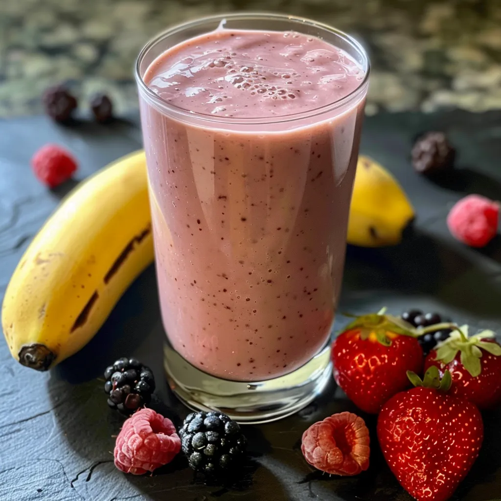 Side view of a rich, creamy smoothie made with banana and mixed berries, served in a clear glass.