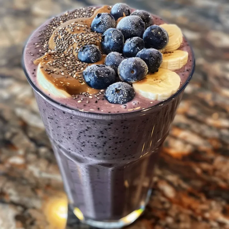 Close-up of a creamy banana blueberry peanut butter smoothie in a glass.