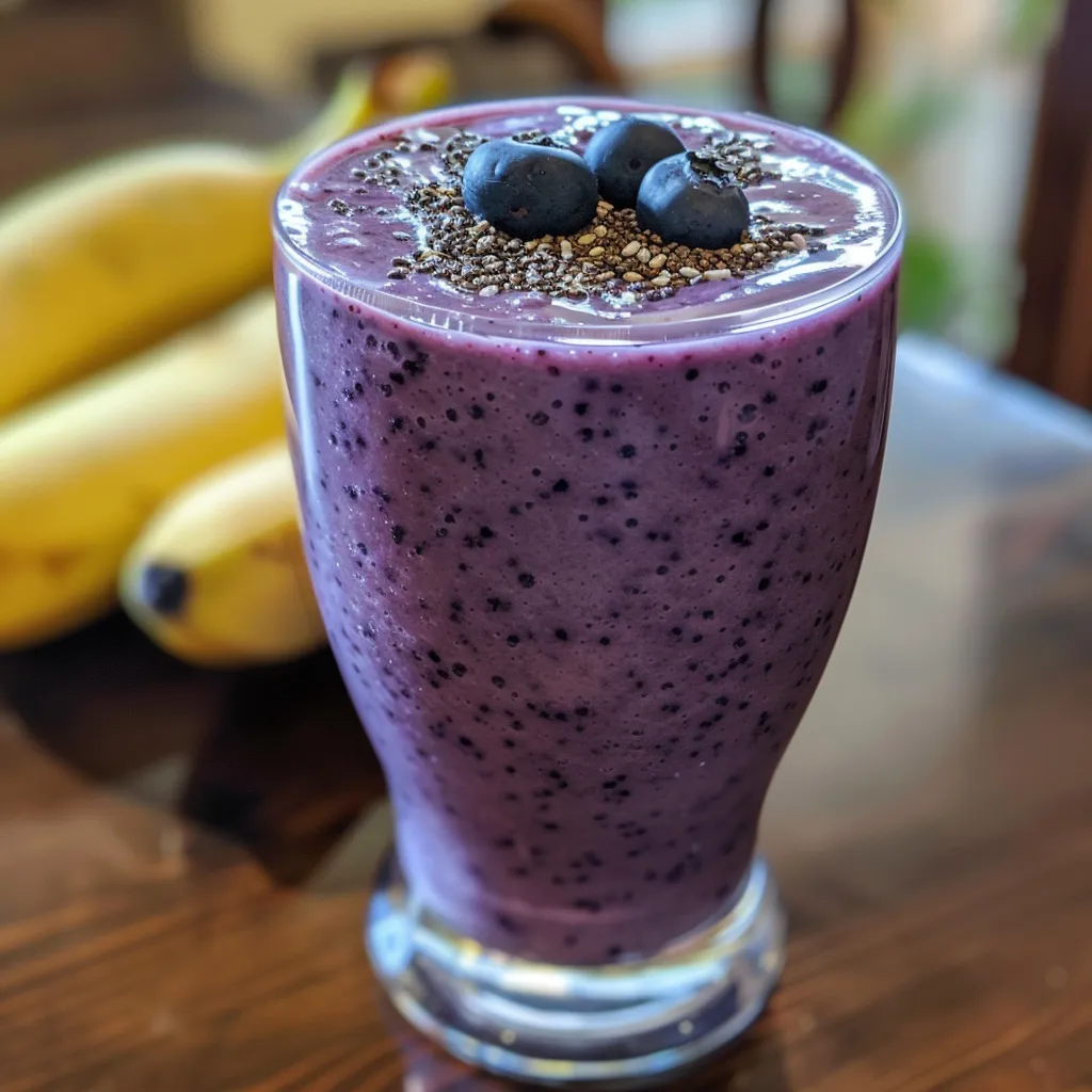 Side view of a vibrant smoothie made with bananas, blueberries, and peanut butter.