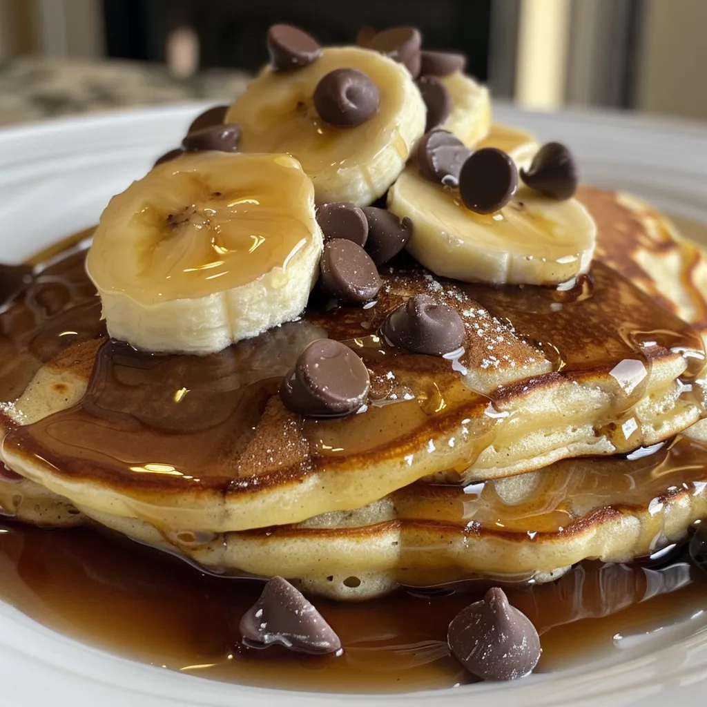 Side view of a stack of banana chocolate chip pancakes topped with melted chocolate chips.